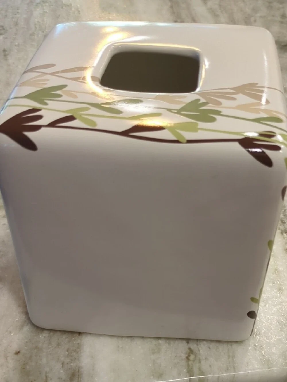 Neutral Ceramic Tissue Box Cover with Green and Brown Vine Design